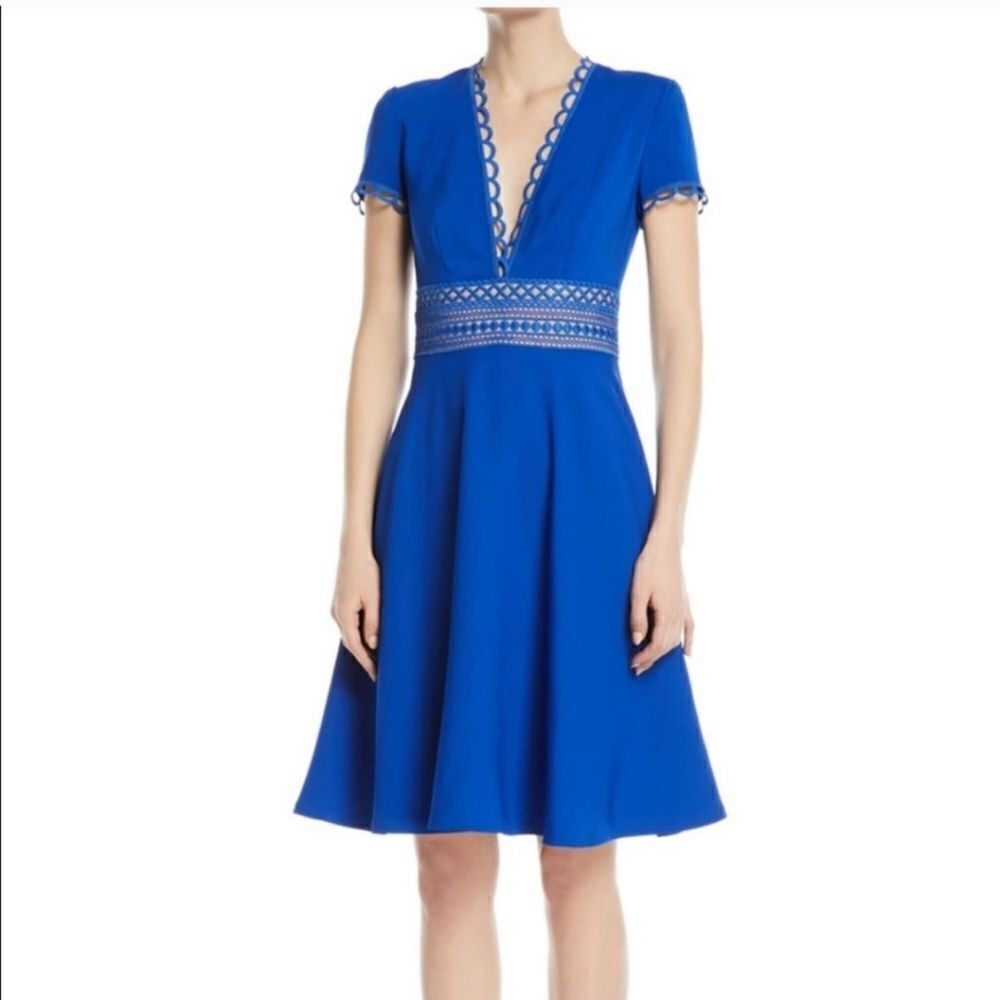 NK32 Naeem Khan Blue Cobalt A-Line Crepe Dress Sz 16